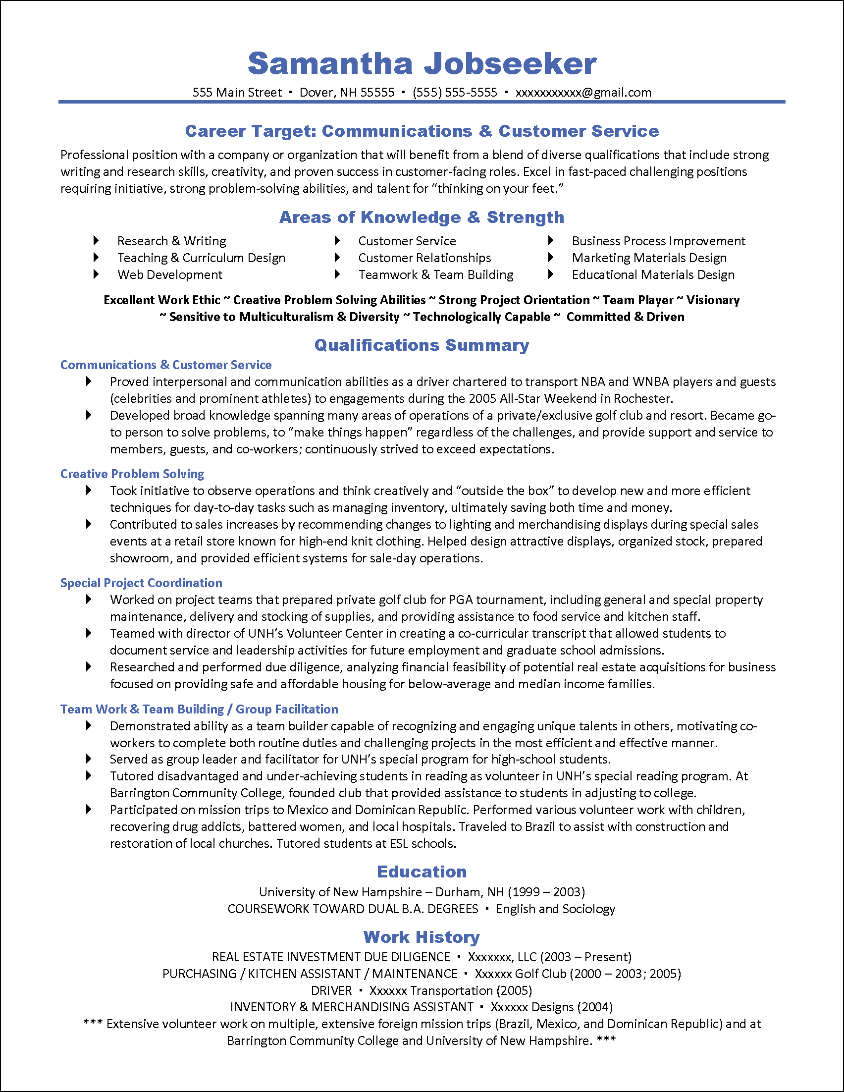 Example Targeted Resume for Communications