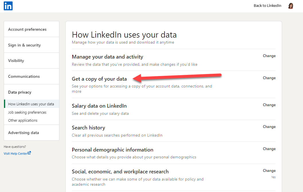 Step 2 of how to backup your LinkedIn data