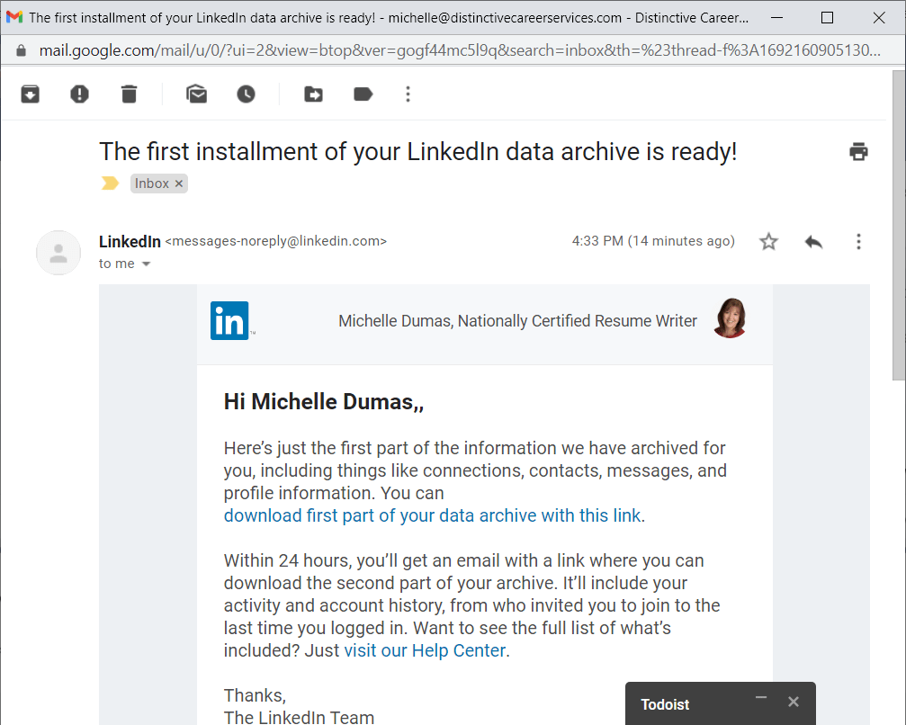 Step 4 of how to backup your LinkedIn data