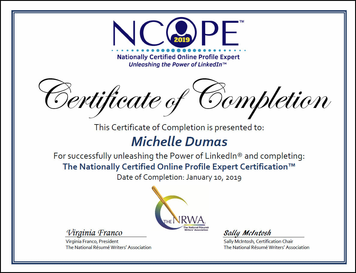 Nationally Certified Online Profile Expert Credential certificate for Michelle Dumas