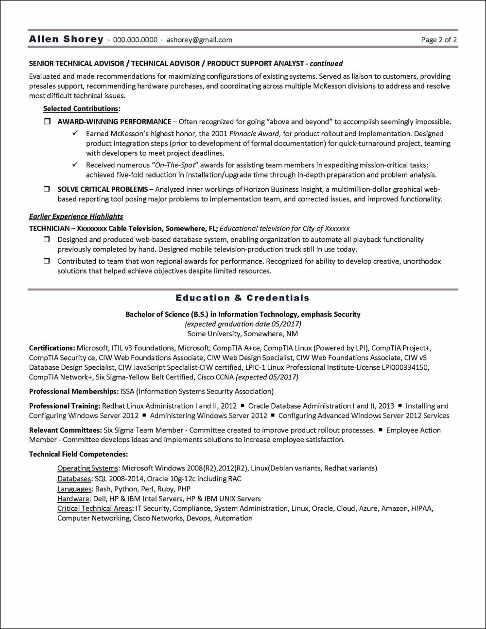 Information Technology Resume page 2