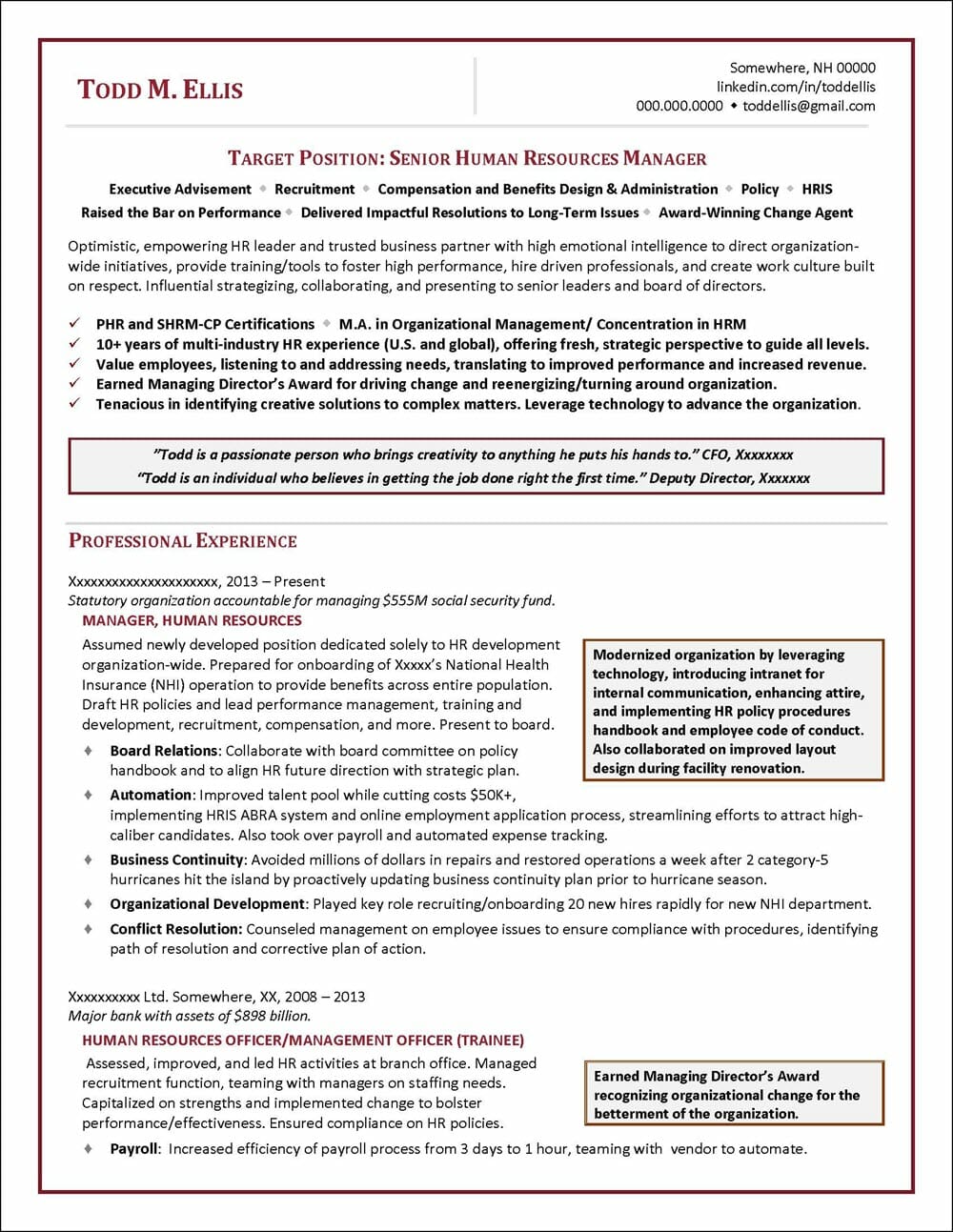 Senior Human Resources Manager Resume Page 1