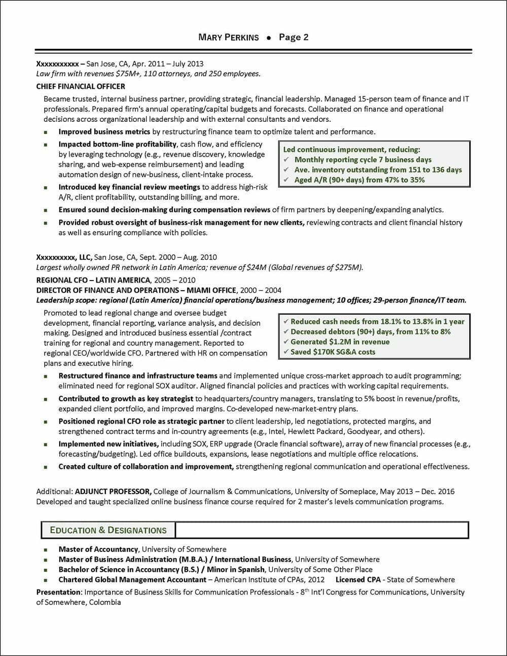 Chief Financial Officer Resume for an International Executive page 2