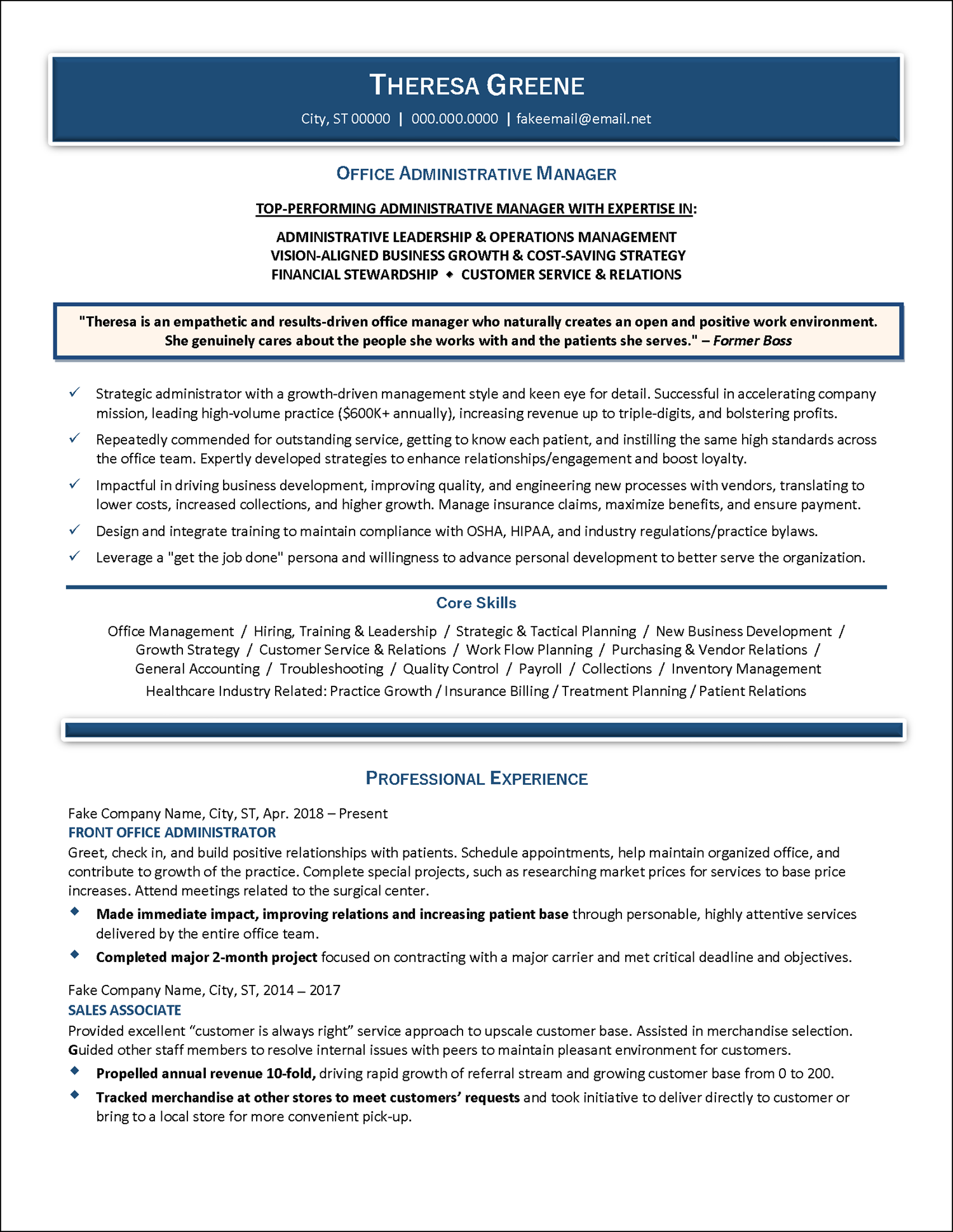 Example office administrative manager resume Page 1