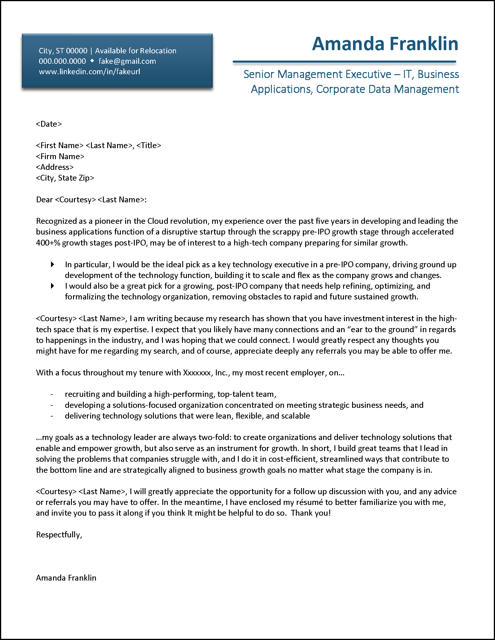 Example Letter to Reach Out to Venture Capital Firms During Your Job Search