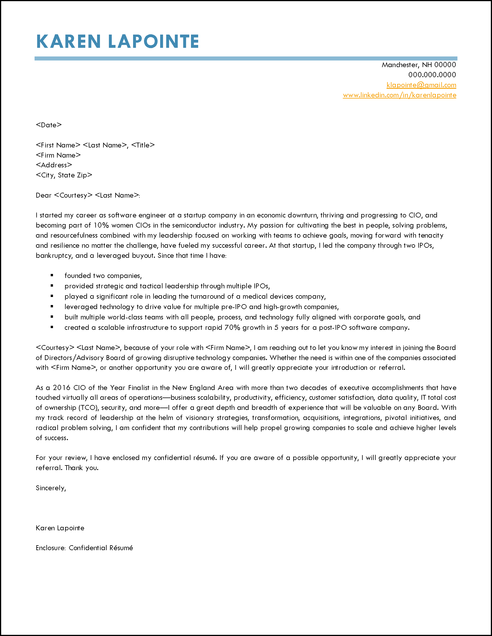 Venture Capital/Private Equity Cover Letter To Target Board of Director Positions