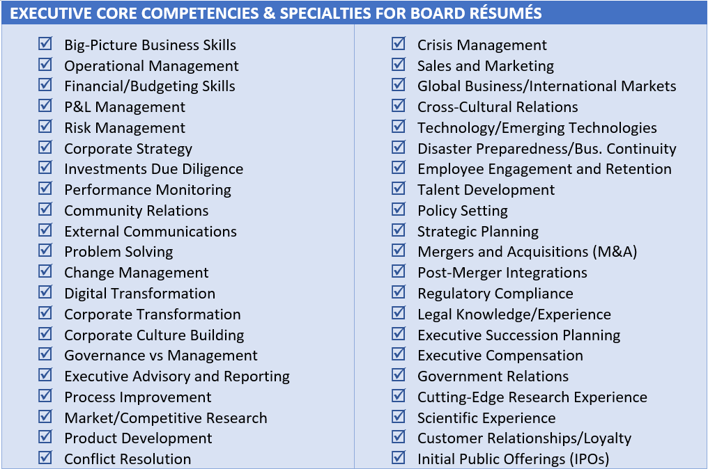 Executive Core Competencies to Include on Board Resumes
