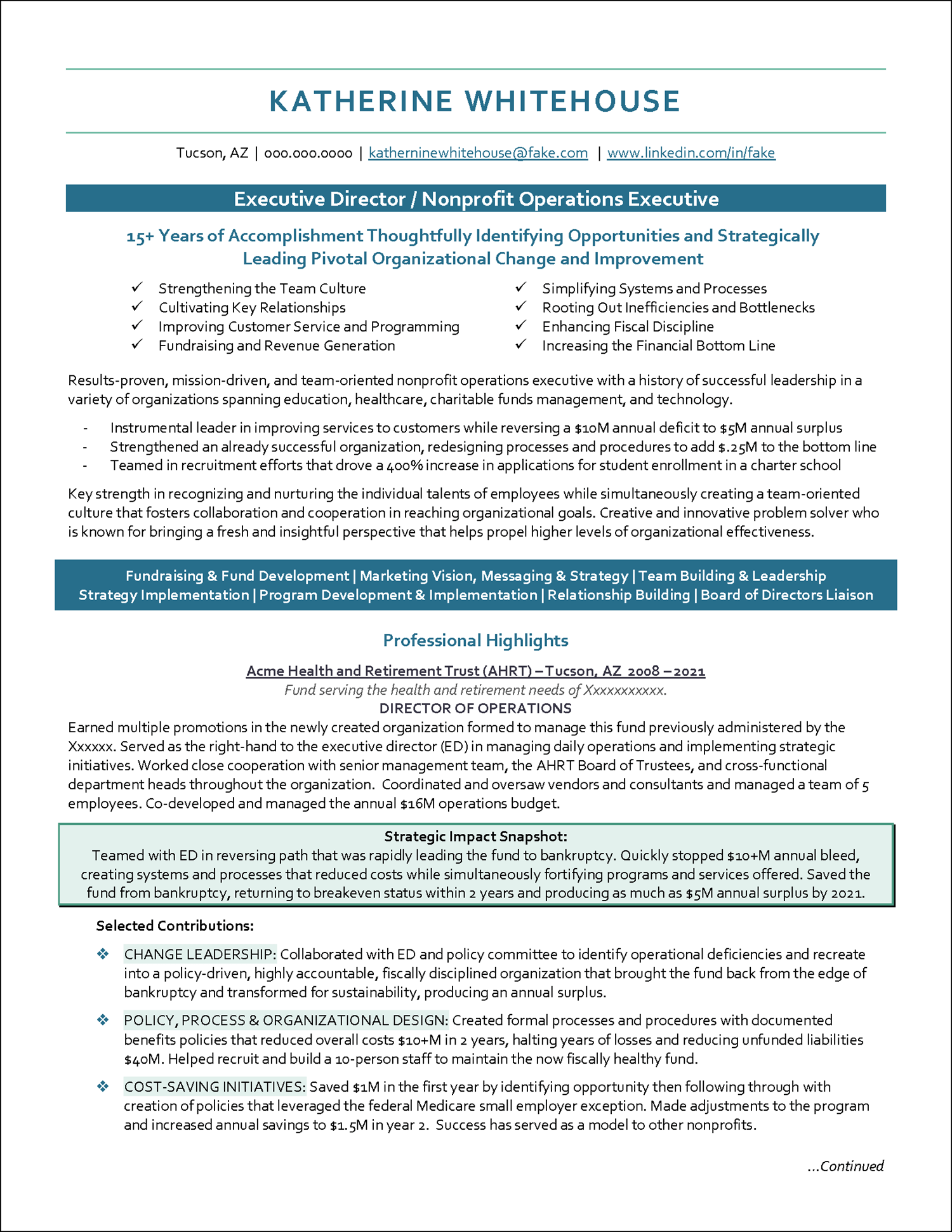 nonprofit resume for a nonprofit executive Page 1