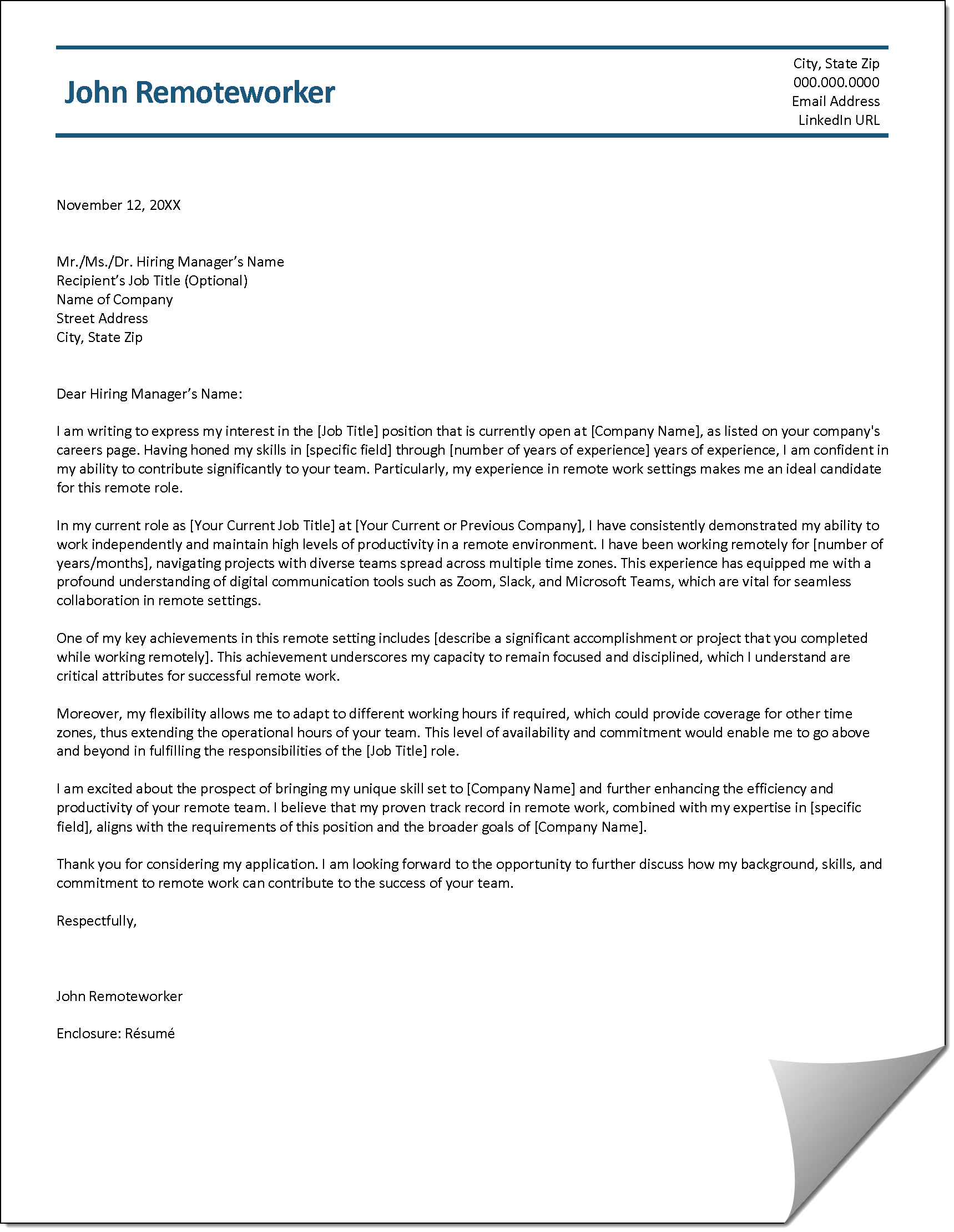Example Remote Working Cover Letter